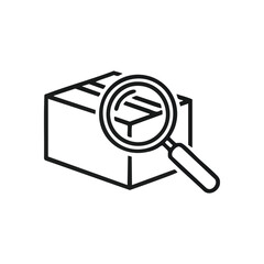 Package Search Magnifier. This outline illustration shows a container under close observation, representing careful analysis, inventory management, or security assessment.