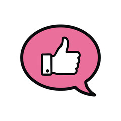 Positive Feedback Speech Bubble. This vibrant pink graphic depicts a hand gesture of approval within a dialogue balloon. It symbolizes appreciation, agreement, and excellent service online, perfect.