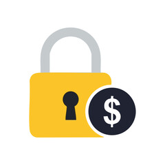 Financial Security Padlock Icon. Vibrant graphic displays a yellow safety lock with a dollar sign. It represents secure finances, protected investments, wealth preservation, and monetary privacy.