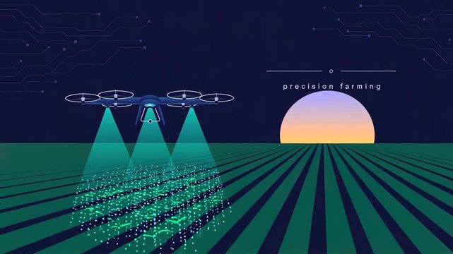 Precision Agriculture at Dusk: An eye-level perspective offers a look at how the agricultural drone scans crops, illuminated against the darkening landscape as the sun sets.