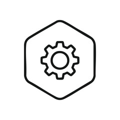Settings Gear Hexagon Icon. Outline illustration of a cogwheel within a hexagonal frame, representing system management, control, and functional precision in digital operations.