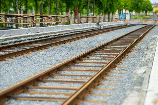 Steel railway tracks during infrastructure development.