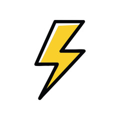 Bolt of Power Graphic Element. A vibrant yellow lightning flash symbol with a bold outline. It conveys concepts of electric energy, rapid movement, strength, and brilliant ideas.