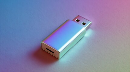 Silver USB flash drive on gradient background.