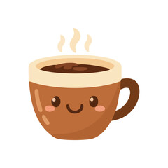 Kawaii Happy Coffee Mug Illustration. Delightful digital art of a cheerful steaming brew, radiating warmth and comfort. This charming artwork symbolizes morning joy and friendly vibes.