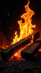 Fototapeta premium Warm, crackling flames engulf a stack of seasoned firewood, casting dancing shadows on the surrounding darkness Perfect for cozy autumn or winter themes , warmth, firepit, detail