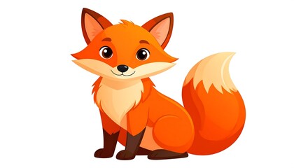 Obraz premium A cheerful cartoon fox, sitting, features vibrant orange fur, with detailed shading, against a plain white background.