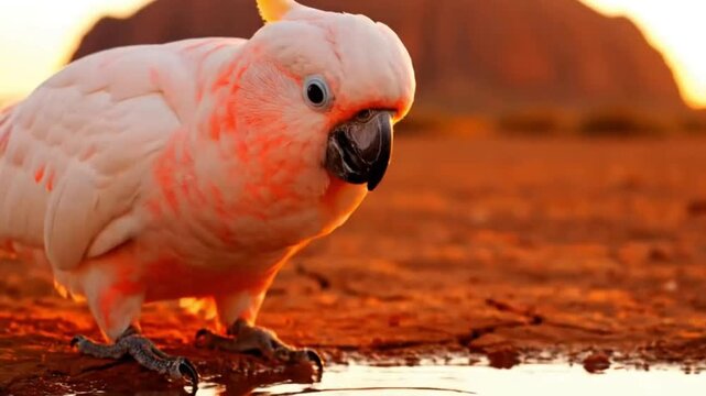 White cockatoo parrot drinking water at sunset