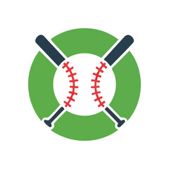 Baseball Sport Logo Design. Vibrant emblem featuring a play ball with red stitching and crossed athletic clubs, framed by a lush green circle. Symbolizes competitive games and outdoor fun.
