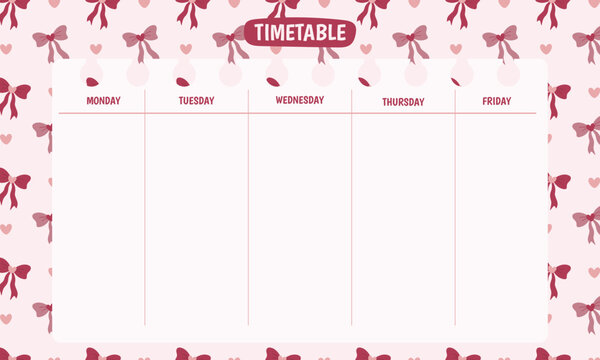 Cute kawaii printable school timetable with pastel ribbon background