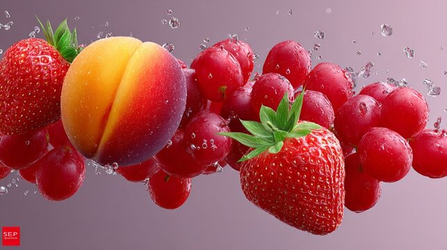 A close up of a bunch of fruit, including strawberries, grapes, and peaches. The fruit is floating in the air, giving the impression of a fruit salad. The colors are bright and vibrant