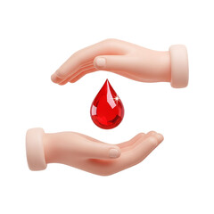 3d hands protecting red blood drop donation icon  
