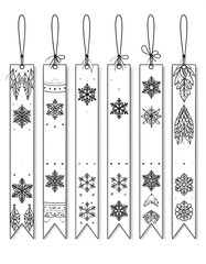 Obraz premium Six decorative bookmarks, featuring repeating winter motifs, including snowflakes and stylized leaves, arranged vertically on a white background.