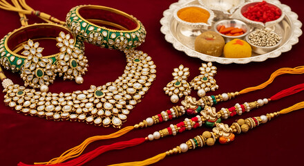 Still life of indian jewelry with bangles, necklace, earrings, rakhi, and puja thali on red surface ai generated