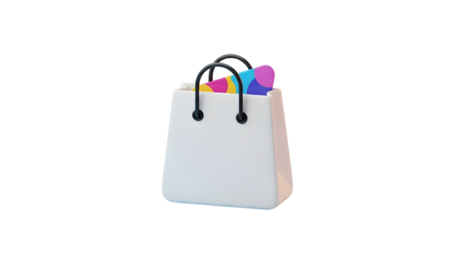 3d shopping bag icon with colorful items inside  
