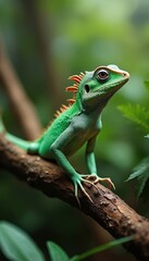 Fototapeta premium Green lizard rests on a tree branch in a rich forest. The reptile has orange spikes on its head and back. It looks alert with its eyes open wide. Lush foliage surrounds it.