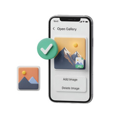 3d smartphone gallery interface with image upload icon  
