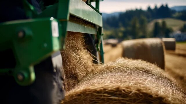 Closeup medium shot of a baler compacting straw into large cylindrical bales with sharp detail on the baler mechanism and soft focus on distant farm scenery.