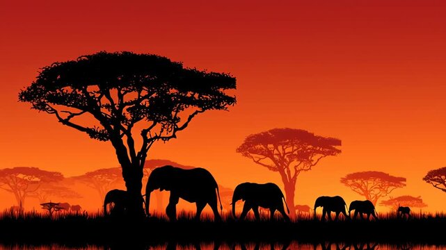 Elephants walking in african savannah at sunset