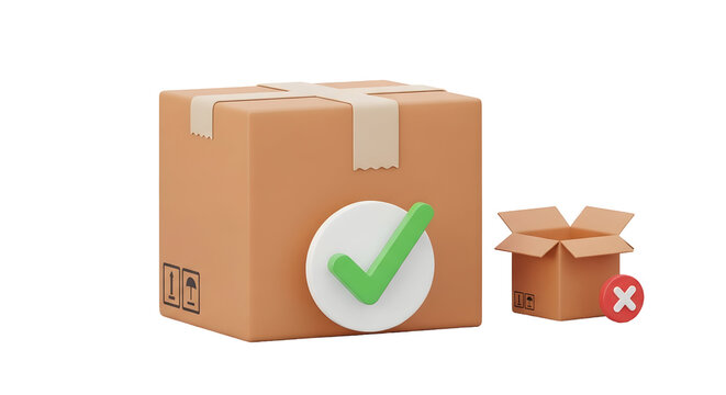 3d closed and open cardboard boxes with check and cross icons  
