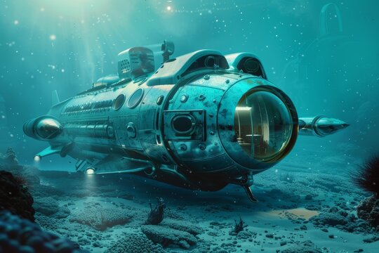 Fototapeta Steampunk style submarine navigating a turquoise underwater world