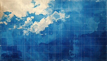 Abstract Blue Grid with Cloud-like Textures and Faded Overlays.
