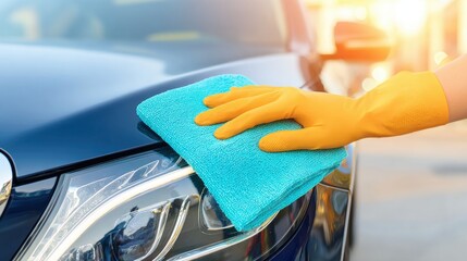 Cleaning a car headlight with a microfiber cloth and yellow glove at sunset