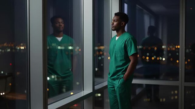 Night shift reflection: young african male nurse in contemplation