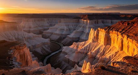 Dramatic Canyon Vista at Sunset: Golden Light Illuminating Majestic Rock Formations and River Valley Scenery.