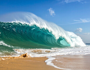 Majestic ocean wave crashing onto sandy beach under clear blue sky