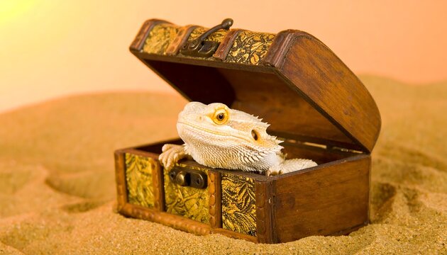 Bearded dragon in a treasure chest in the sand