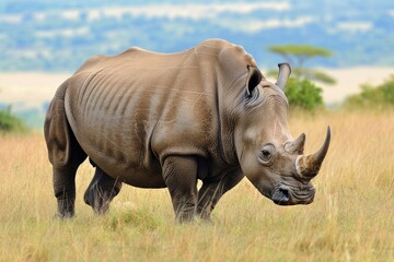Obraz premium Large white rhinoceros is standing on the savanna in africa