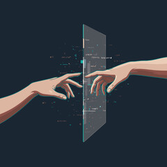 Two hands reach for each other, but they are separated by a wall of digital code and data. The concept of alienation, online barriers and loss of human contact in the virtual world.