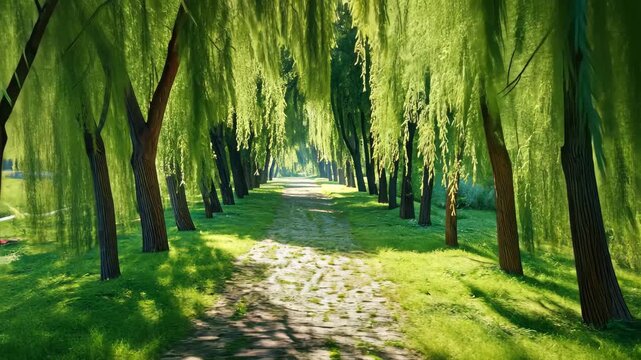 A path bordered by a row of trees stretching through the heart of a park, Park pathway engulfed by the shadows of a weeping willow tree alley, AI Generated