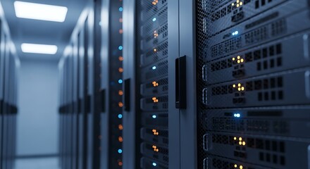 Modern Data Center Server Room with Racks of Equipment and Blue Lights