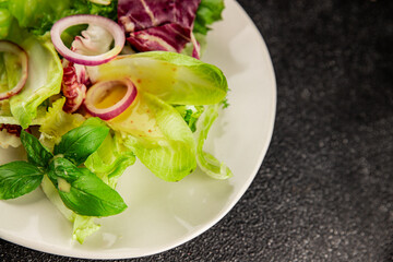 Chicory salad green leaf mix vegetables dish natural product tasty snack fresh delicious gourmet food background on the table rustic top view copy space keto and paleo diet vegan and vegan food