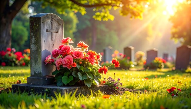 A serene and sunlit cemetery scene, featuring a weathered headstone adorned with vibrant pink flowers.