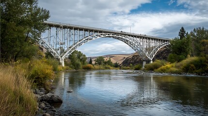 Fototapeta premium Steel arch bridge spanning a river.