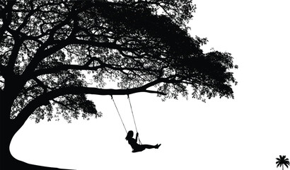 Illustration of silhouette of a girl on a swing hanging from a tree isolated on white background