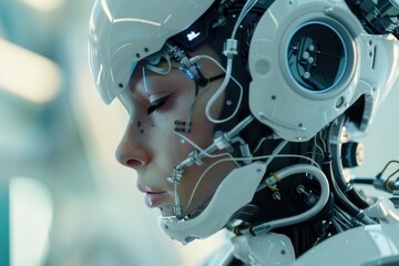 Fototapeta premium Cyborg woman wearing futuristic helmet is connecting to virtual reality metaverse