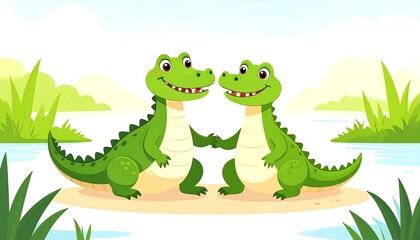 Obraz premium Two Crocodiles Holding Hands by River