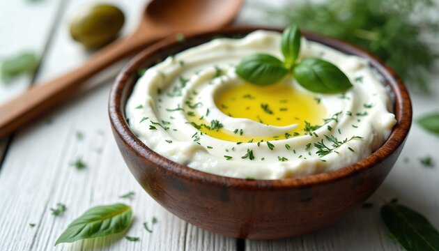 Creamy white dip in rustic wooden bowl on bright white wood table. Golden olive oil, fresh green herbs, basil leaf garnish. Healthy Mediterranean food, appetizer, snack recipe. Delicious homemade