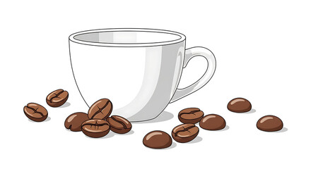Illustration of a white coffee cup with coffee beans scattered around on a white background ai generated