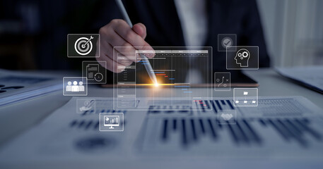 Project management dashboard showing timeline, tasks, milestones, and workflows for planning,...