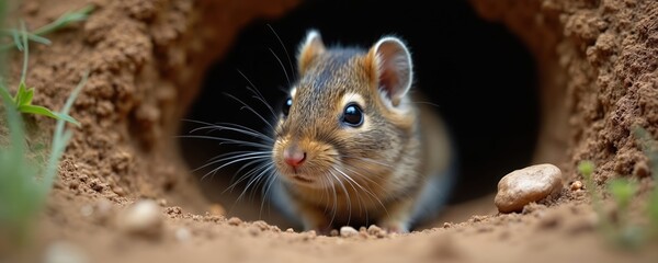 Brown field mouse poses near burrow entrance. Cute small rodent looks outside den on ground. Adorable animal with whiskers observes environment at natural habitat.