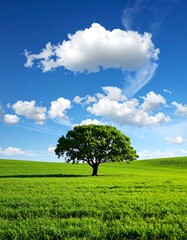 Obraz premium A solitary tree stands tall in a vibrant green field under a bright blue sky dotted with fluffy white clouds.