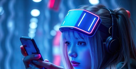 Young woman in VR headset uses phone, futuristic neon glow