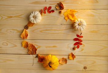 A charming autumn-themed flat lay featuring a circular composition of colorful fall leaves in warm shades of red, yellow, and brown. Two small white decorative pumpkins and single small yellow pumpkin