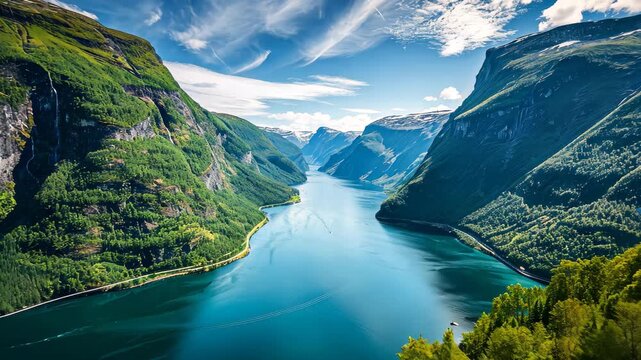 This video showcases the breathtaking view of a large body of water as it harmoniously coexists with towering mountains in its surroundings, Picturesque view of Norwegian Fjords, AI Generated