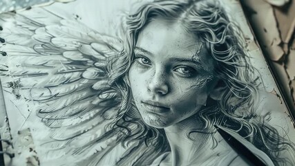 A drawing of a woman with angel wings